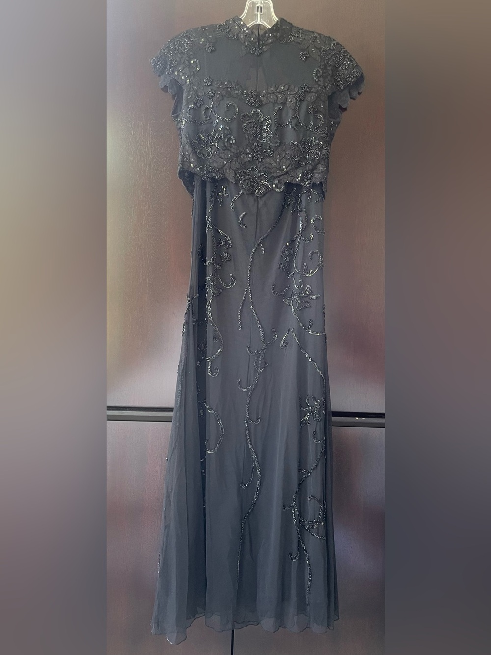 Mac Duggal Black Beaded Illusion Capelet Gown